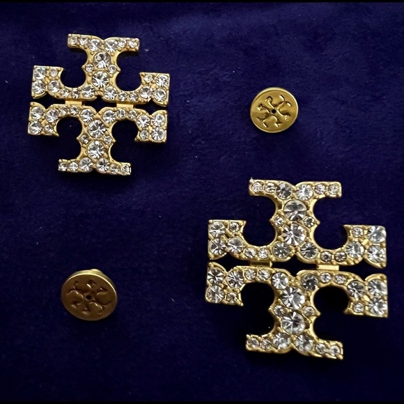Tory Burch Authentic Kira Crystal Pave Tory Logo Gold Bold Stud Earrings
